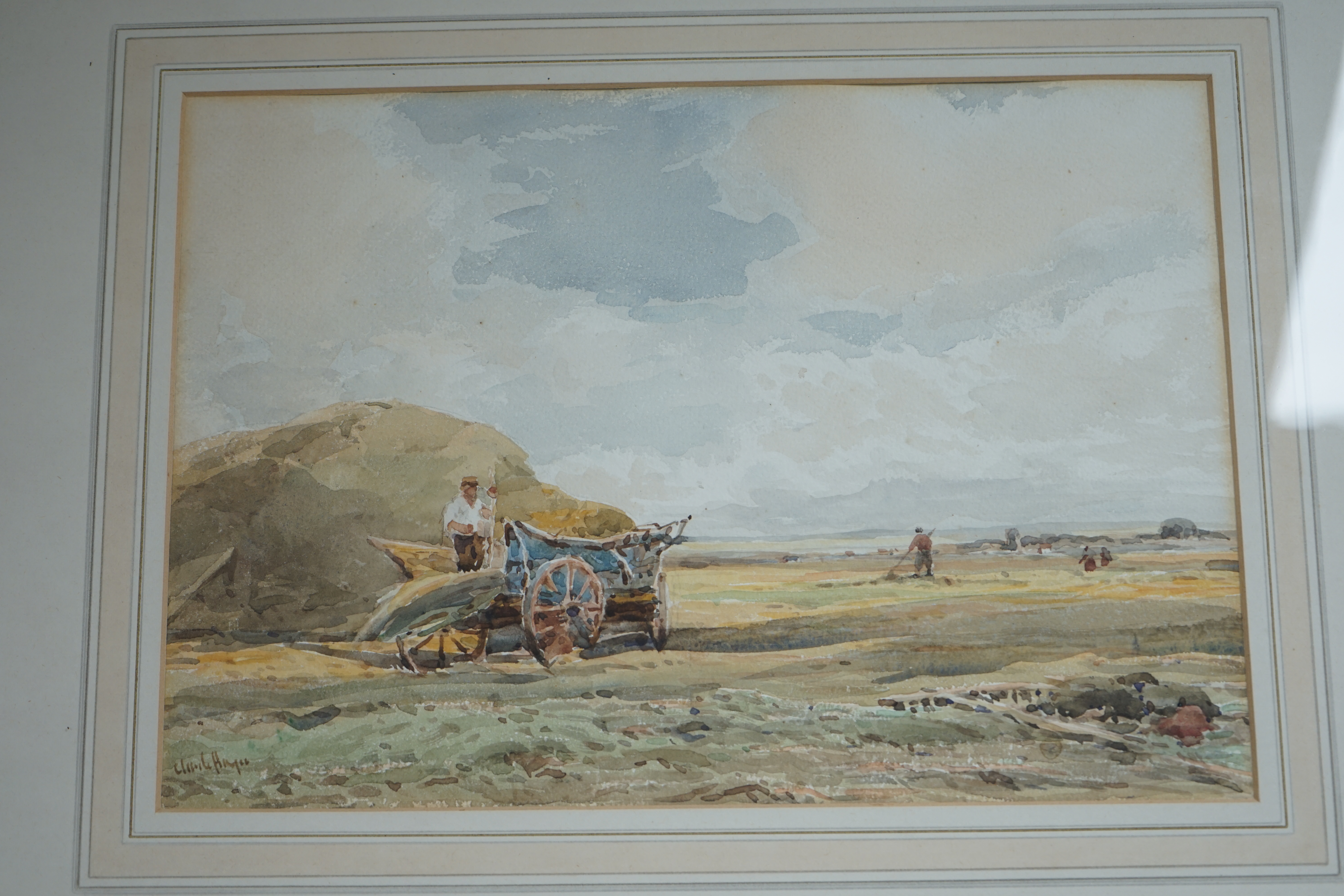 Claude Hayes (1852-1922), two watercolours, 'Haymaking, Norfolk' and 'Cornfield near Bredon, Worcestershire', each signed, 24 x 34cm, gilt framed. Condition - poor to fair, some staining and foxing